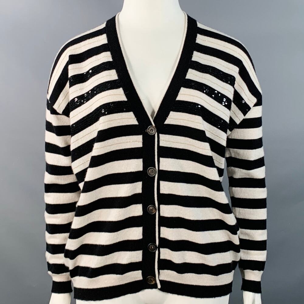 BRUNELLO CUCINELLI Black White Cashmere Stripe Monili Beaded Sequined Cardigan